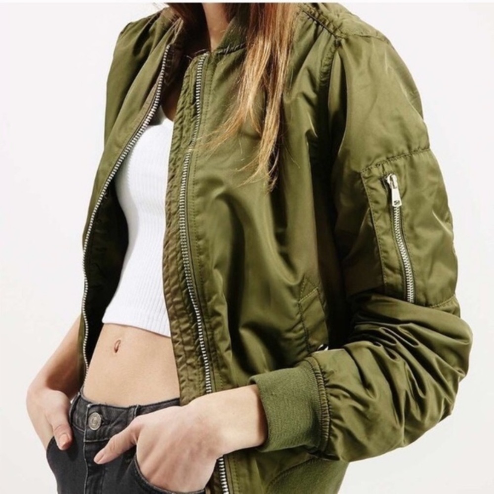 TOPSHOP Olive Satin Bomber Jacket Size 8